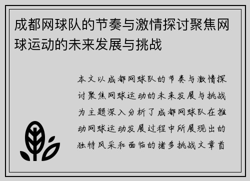 成都网球队的节奏与激情探讨聚焦网球运动的未来发展与挑战